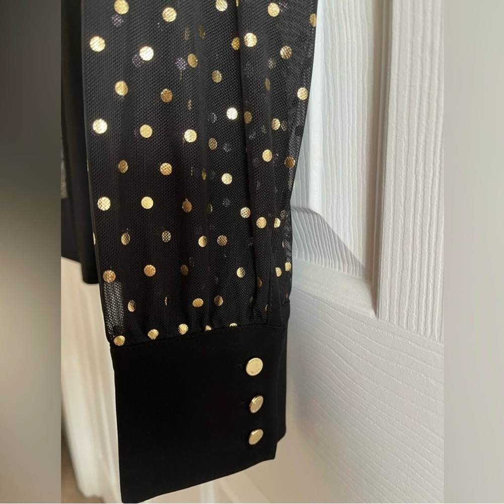 Anne Klein Black shirt with sheer sleeves gold polka dots and gold buttons